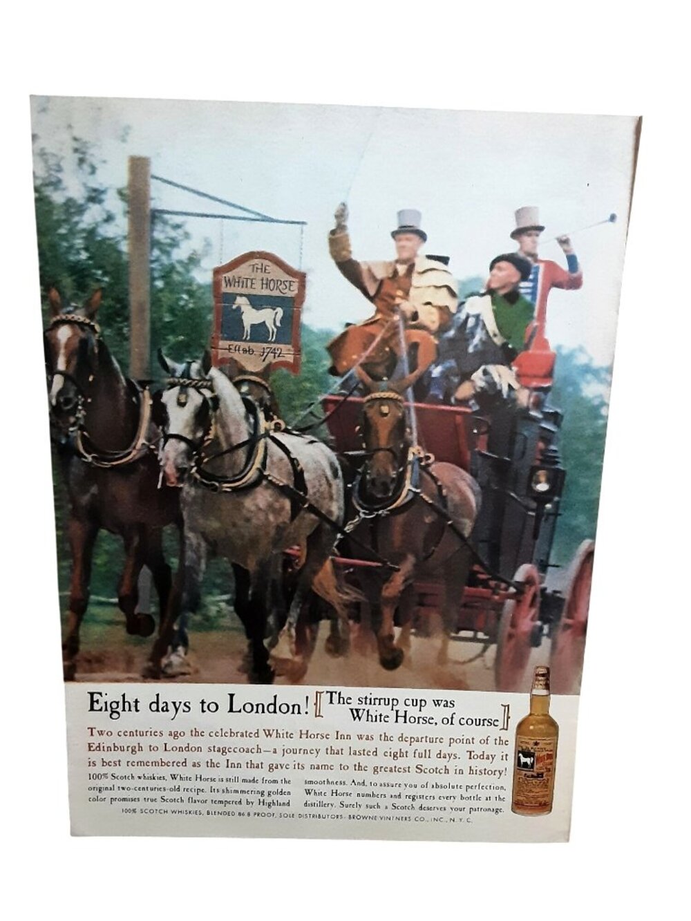 1960 White Horse Scotch Whisky Stagecoach Vintage Liquor Print Ad